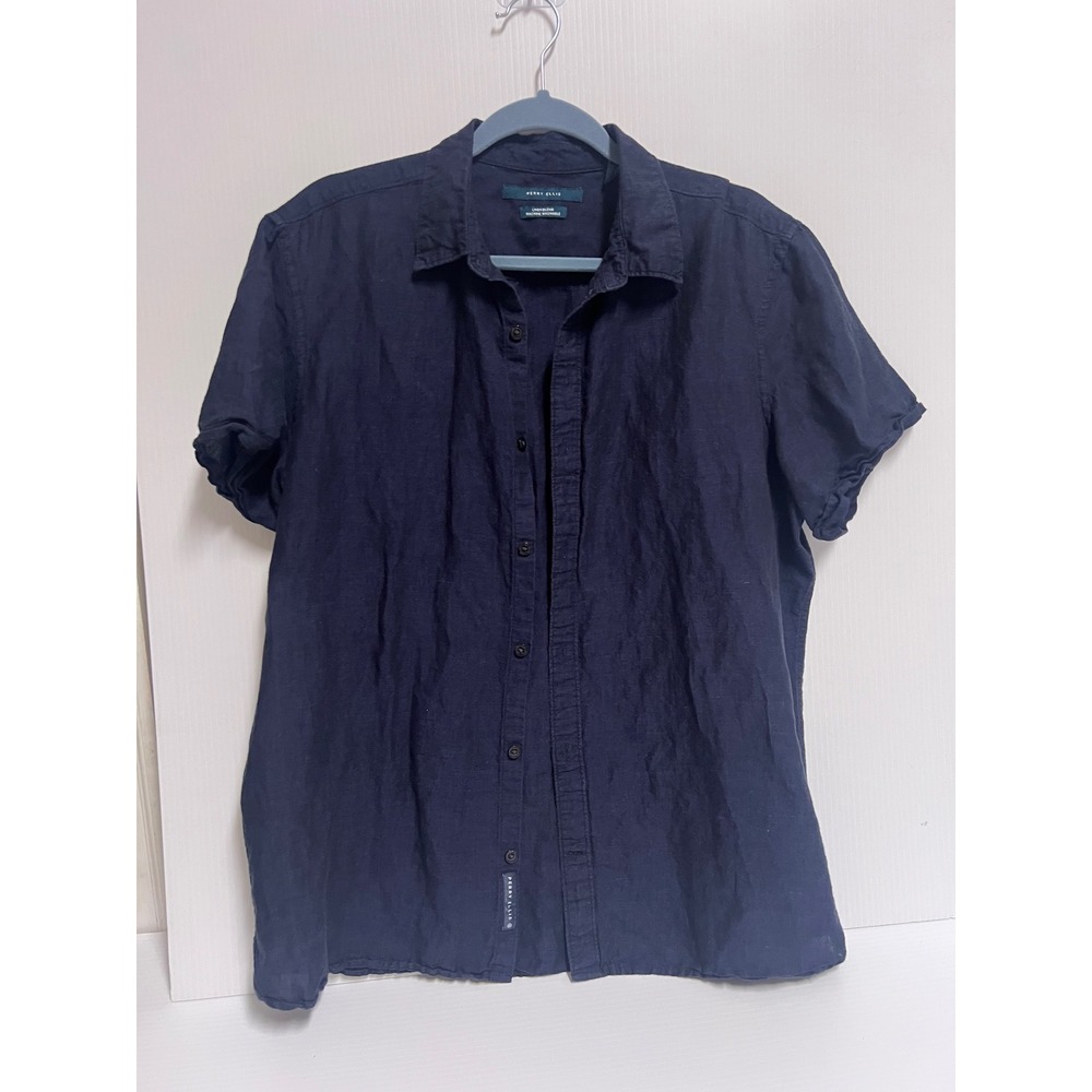 Perry Ellis Mens Navy Blue Linen Blend Short Sleeve Button Down Shirt Large